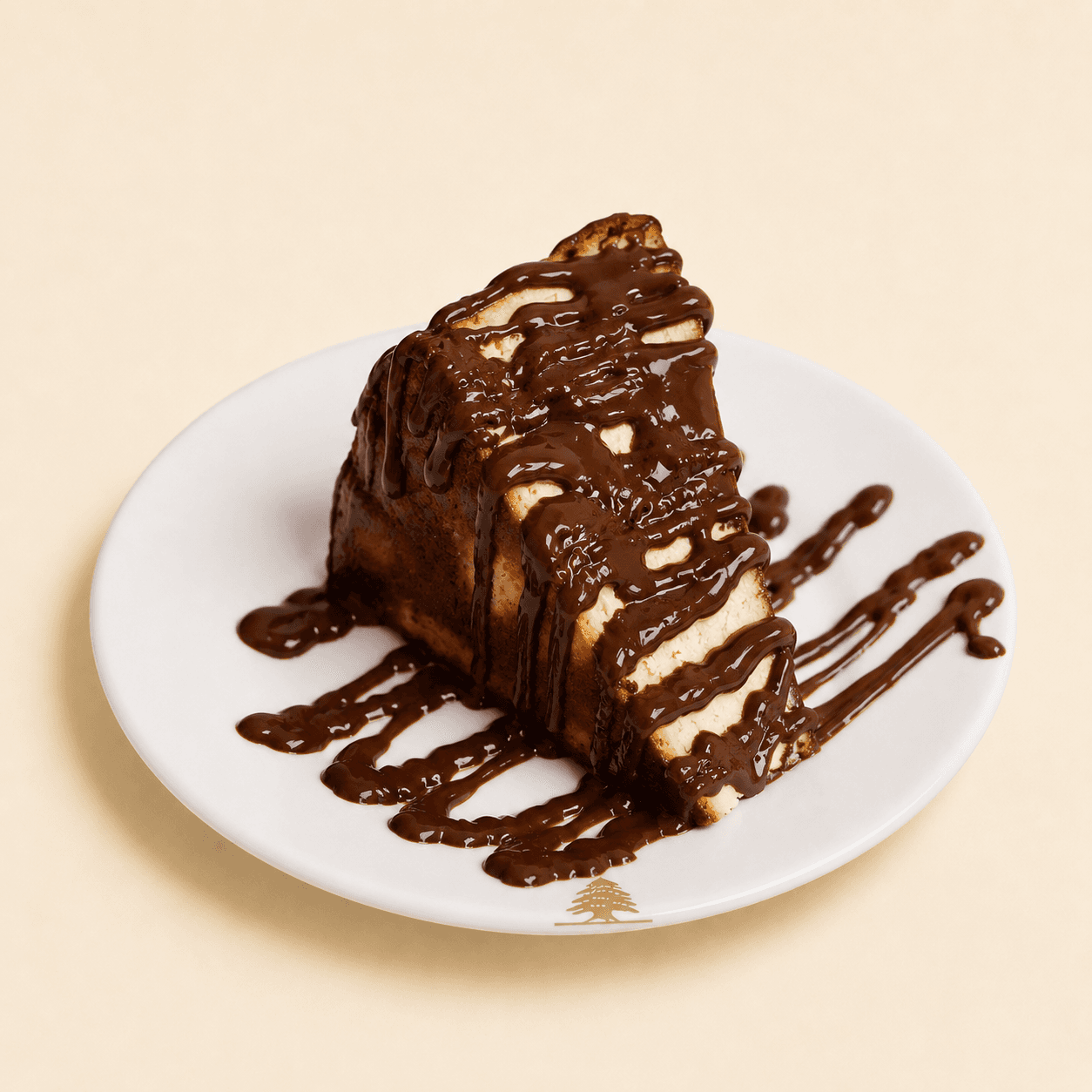 Slice of San Sébastien cheesecake with chocolate drizzle