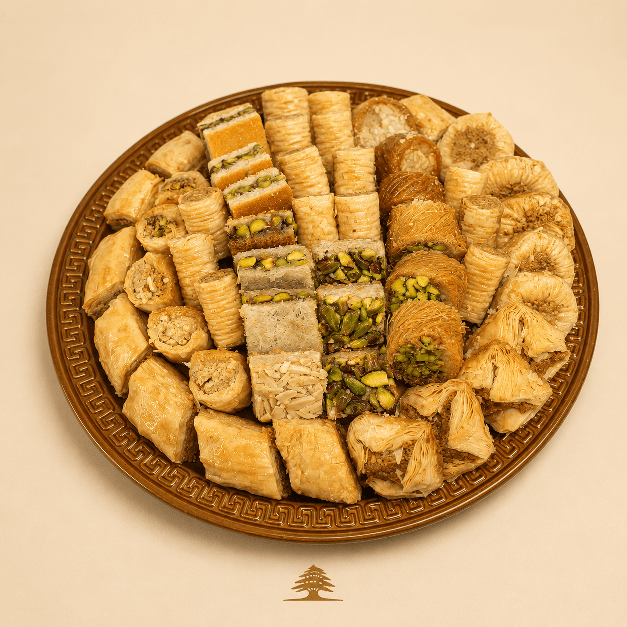 Assorted Lebanese baklava, pistachio nests, and walnut rolls on a bronze tray